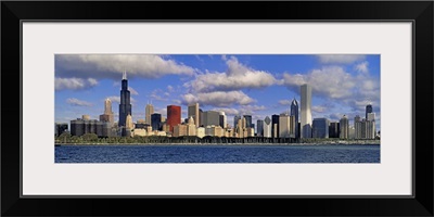 Illinois, Chicago, Panoramic view of an urban skyline by the shore