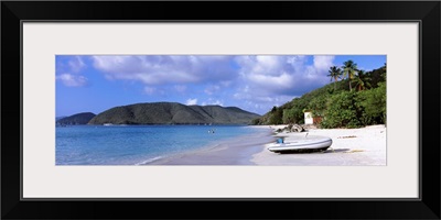 Inflatable raft on the beach, Cinnamon Bay, Virgin Islands National Park, St. John, US Virgin Islands