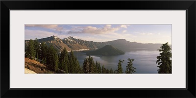 Lake surrounded by mountains, Wizard Island, Crater Lake National Park, Oregon