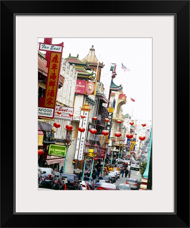 Lanterns hanging across a street, Grant Street, Chinatown, San Francisco, California