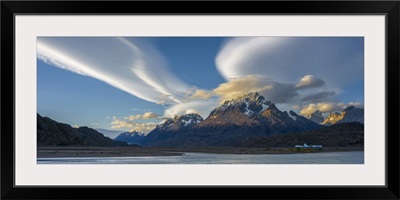 Lenticular clouds over mountain peaks, Grey Lake, Torres Del Paine National Park, Chile