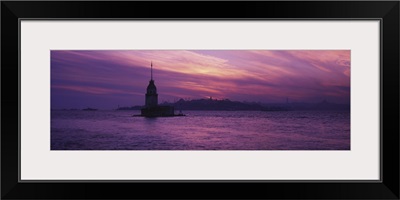 Lighthouse in the sea with mosque in the background, St. Sophia, Leanders Tower, Blue Mosque, Istanbul, Turkey
