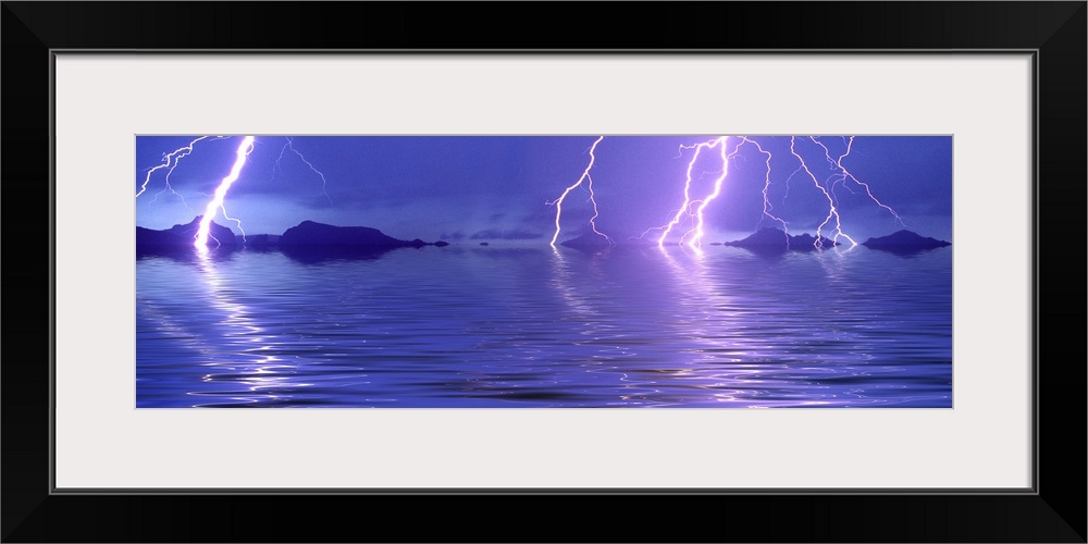 Panoramic photograph of thunder bolts over the ocean at night.  There are mountains scattered in the distance.