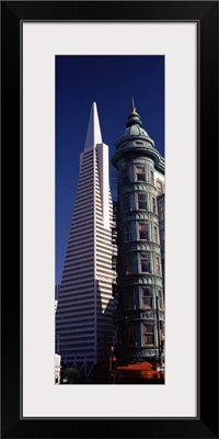Low angle view of towers, Columbus Tower, Transamerica Pyramid, San Francisco, California,
