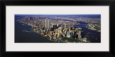 Manhattan from air with World Trade Center towers, New York City, New York State,