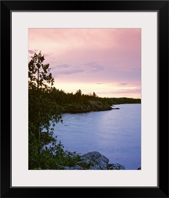 Michigan, Upper Peninsula, Copper Harbor, Lake Superior, High angle view of a harbor in dusk