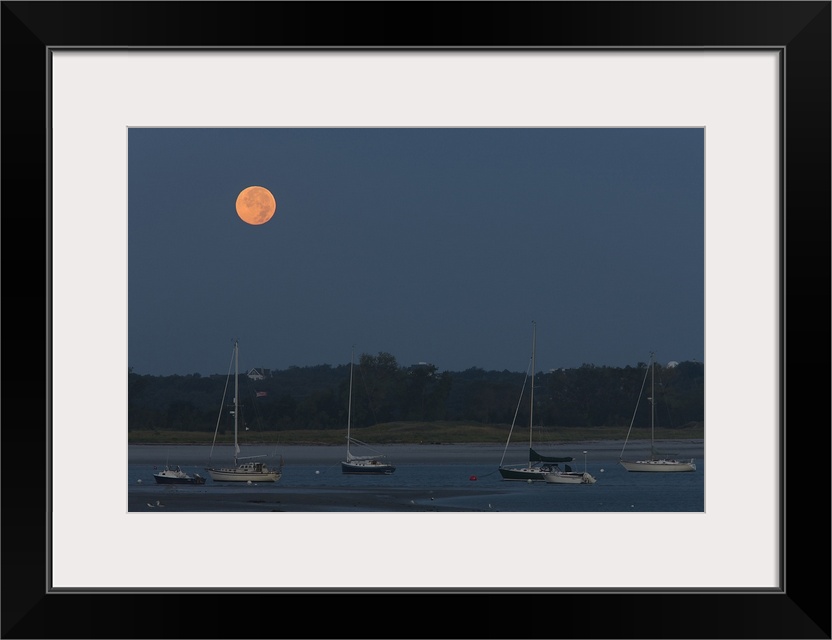 Moonset over a river, Annisquam River, Annisquam, Gloucester, Cape Ann, Massachusetts, USA