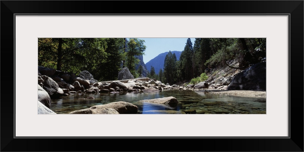 Panoramic photograph taken from the surface of a quietly moving stream littered with rocks of all different sizes that are...