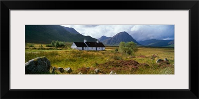 Mountain landscape with Blackrock Cottage, autumn color, Glen Coe region, Scotland