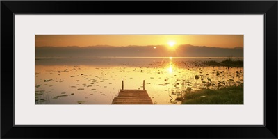 Myanmar, Inle Lake, View of the sunset and pier