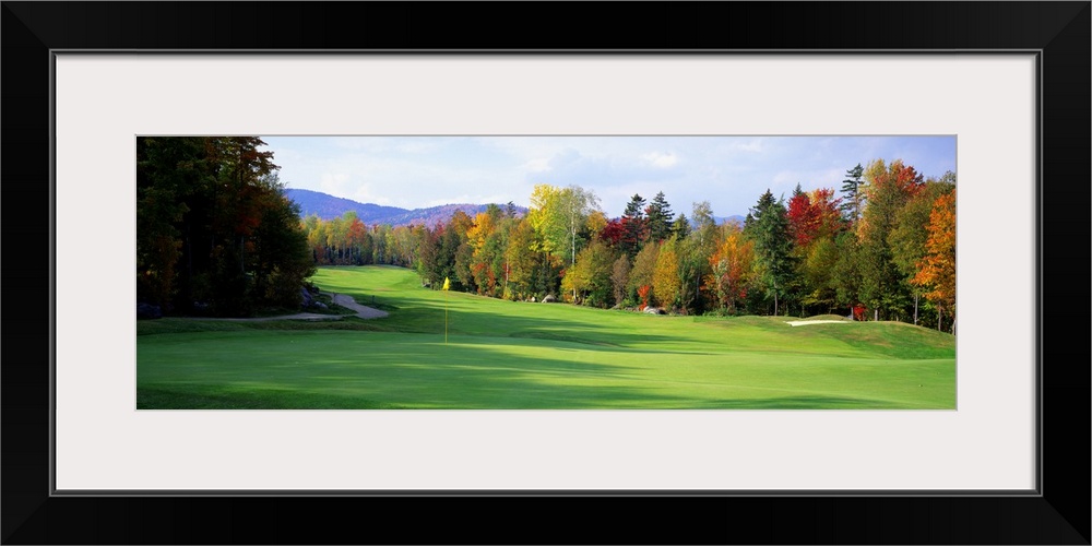 Panoramic photograph of large trees casting shadows on the green of a golf course in New England, a line of fall colored t...