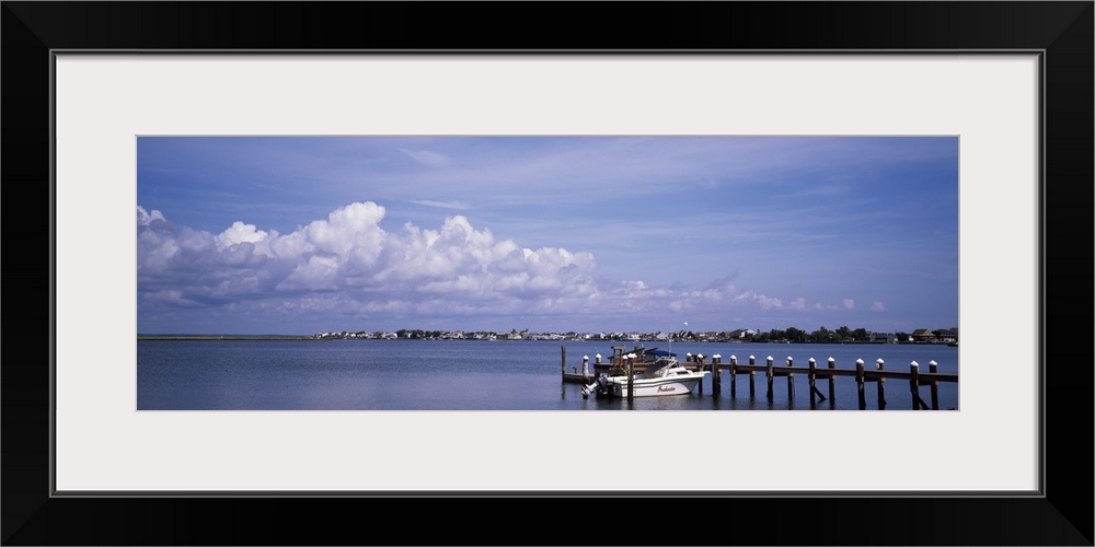 New Jersey, Brigantine Beach, Thoroughfare Bay, View of a boat parked at a pier