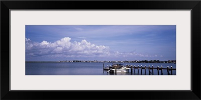 New Jersey, Brigantine Beach, Thoroughfare Bay, View of a boat parked at a pier