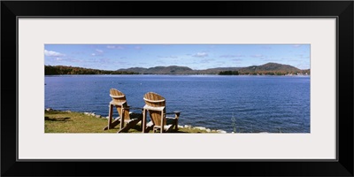 New York State, Adirondack Mountains, Fourth Lake, Chairs on a lawn