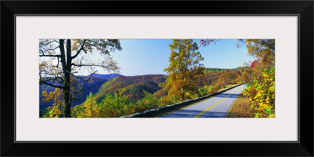 Panorama of the Blue Ridge Parkway, Blue Ridge Mountains and fall leaves of North Carolina.