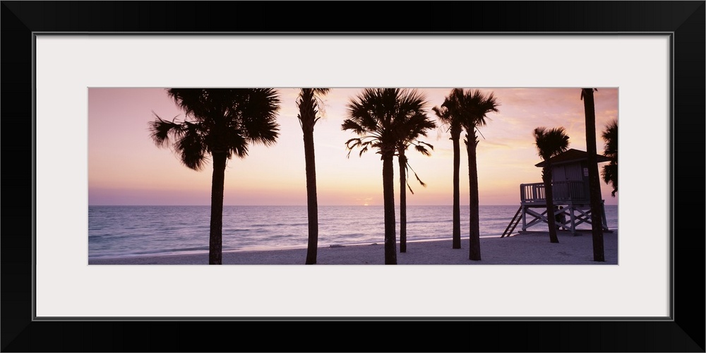 Panoramic photograph taken of palm trees on a beach with the sun just setting below the ocean horizon in the distance.