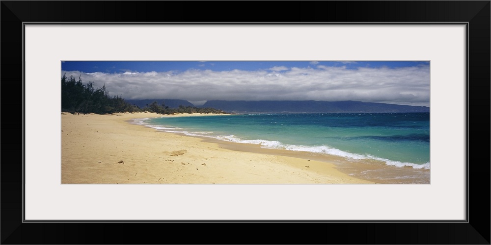 Wide angle photograph on a large wall hanging of clear blue waters along the beach in Maui, Hawaii, a tree line in the bac...