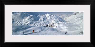 Rear view of a person skiing in snow, St. Christoph, Austria