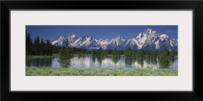 Reflection of a mountain range and pine trees in water, Grand Teton National Park, Wyoming