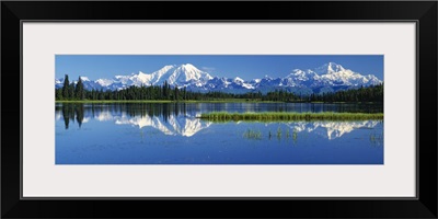 Reflection of mountains in lake, Mt Foraker and Mt McKinley, Denali National Park, Alaska