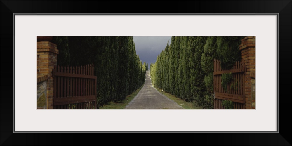 Panoramic photograph shows an open gate as it leads to a gravel road that heads into the horizon and is surrounded by a th...