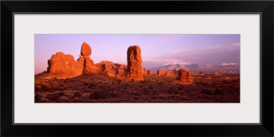 Rock formations on a landscape, Balanced Rock, Arches National Park, Utah