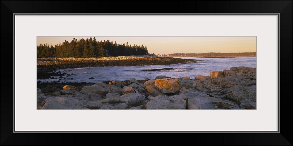 Edge of the water near a rocky shore and forest of pine trees, illuminated by the golden light of the sunset.