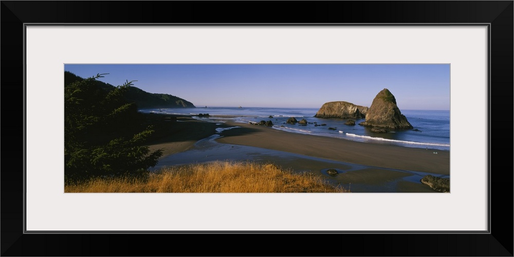 Wide angle photograph looking over grasses to the shoreline on Cannon Beach, large rocks jutting out of the water, in Oregon.