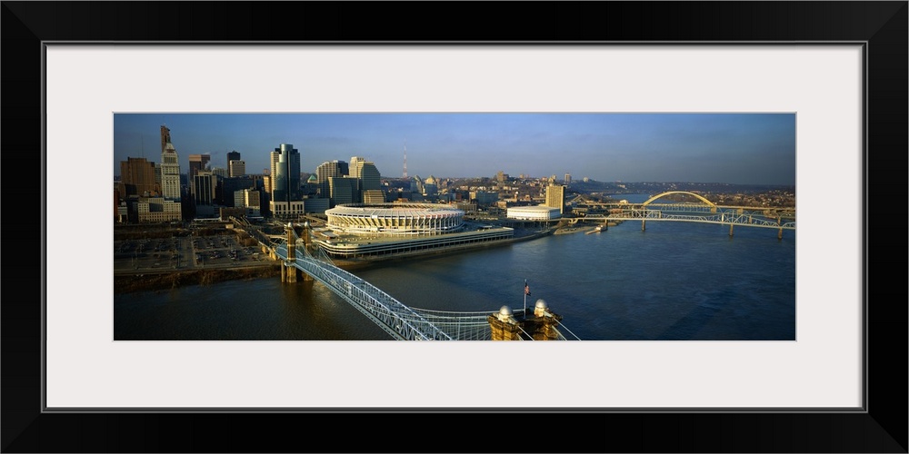 A panoramic view of downtown Cincinnati, the Ohio River and the Roebling Suspension Bridge.