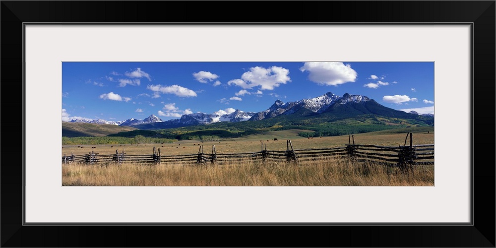 Horizontal, large photograph of a distant mountain range beneath a bright blue sky, cattle grazing in the vast field, a fe...