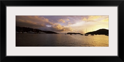Silhouette of sailboats and mountain at sunset, English Harbour, Falmouth Bay, Antigua, Antigua and Barbuda