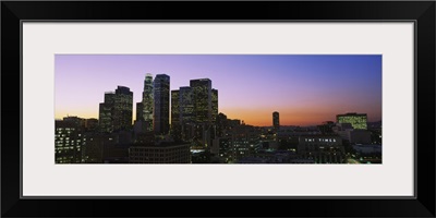 Silhouette of skyscrapers at dusk, City of Los Angeles, California