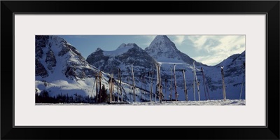 Skis and ski poles on a snow covered landscape, Mt Assiniboine, Mt Assiniboine Provincial Park, British Columbia, Canada