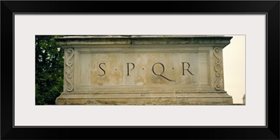 SPQR Text carved on the stone, Piazza Del Campidoglio, Palazzo Senatorio, Rome, Italy