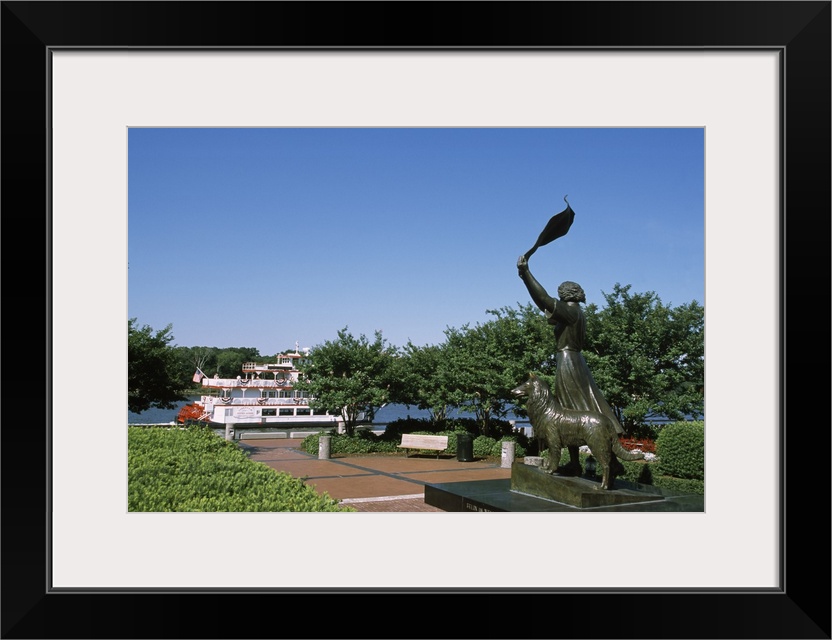 Statue in a park with a boat in the background, Waving Girl Statue, Savannah River, Savannah, Chatham County, Georgia,