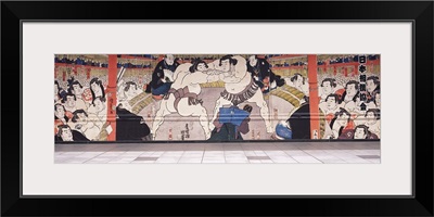 Sumo wrestling mural on a wall, Ryogoku Kokugikan