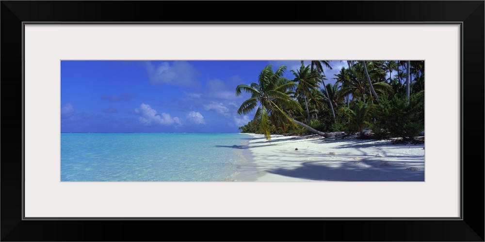 Big panoramic photo of palm trees on a white sand beach with the water trickling onto the shore in the Tetiaroa Atoll, Fre...