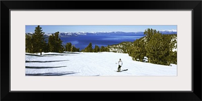 Tourist skiing Heavenly Mountain Resort, Lake Tahoe, California-Nevada Border