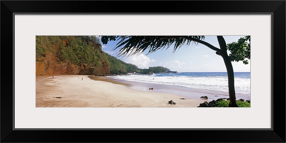 Panoramic photograph of shoreline surrounded by grassy hills on one side and palm trees on the other.  There are waves rol...