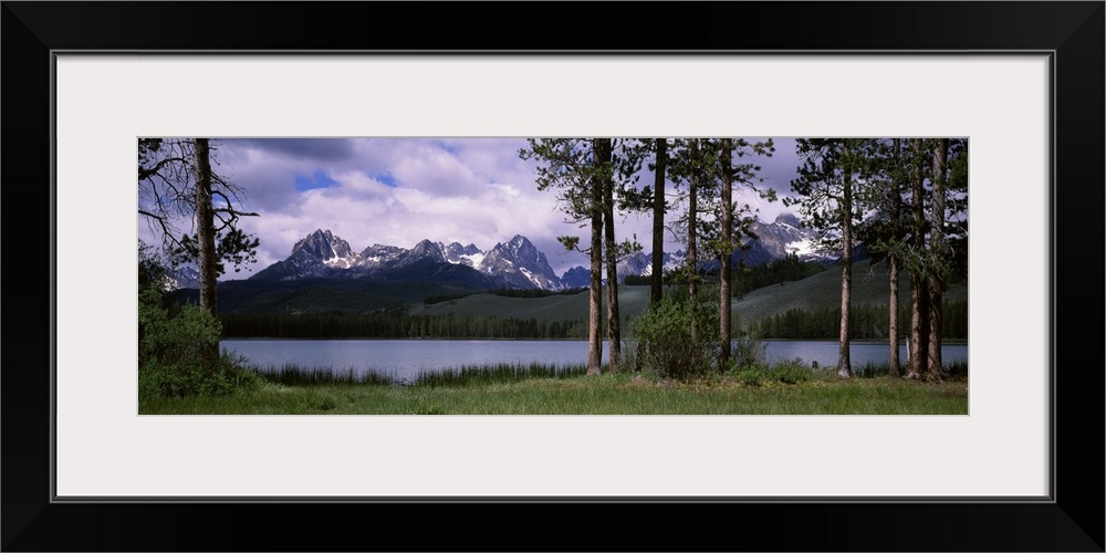 Trees at the lakeside with mountains in the background Little Redfish Lake Sawtooth National Recreation Area Custer County...