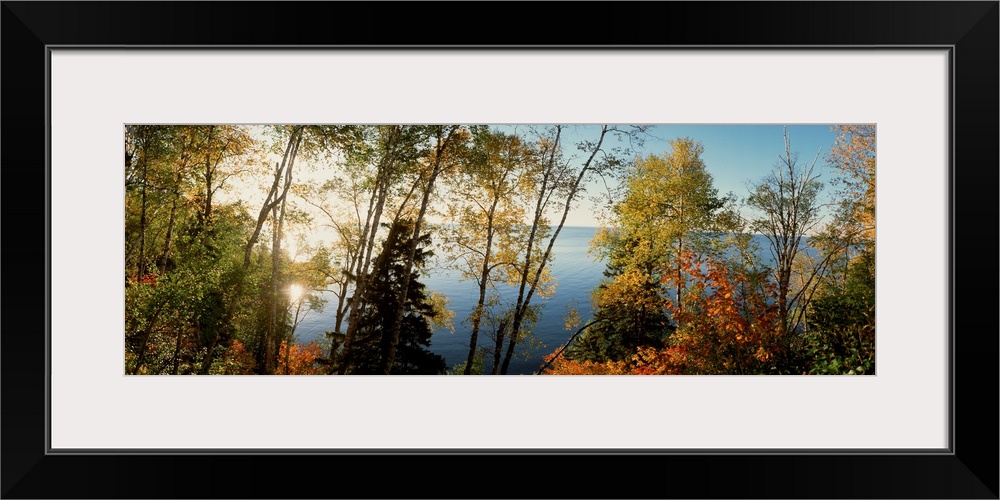 This vertical photograph shows leaves starting to show their autumn colors on trees growing around a body of water on a pa...