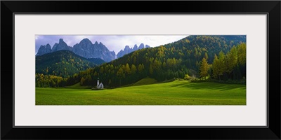 Valley with a church and mountains in the background, Santa Maddalena, Val De Funes, Le Odle, Dolomites, Italy