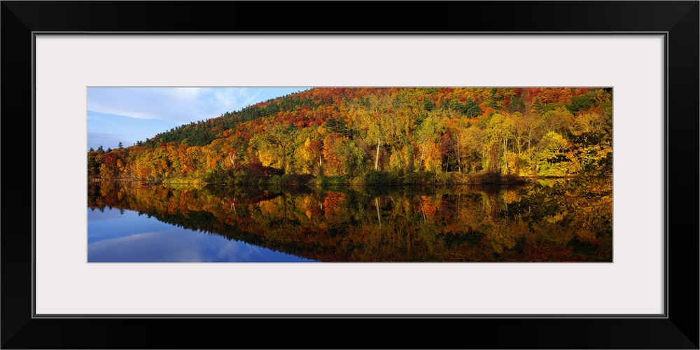 Panoramic photograph of  river lined with autumn forest under a cloudy sky.  The tree line is reflected in the water below.