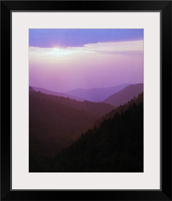 View of misty Smoky Mountains from overlook, sunset, Tennessee
