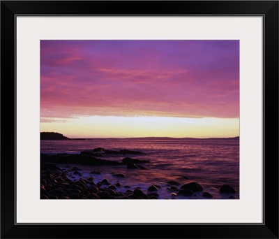 View of sunrise over Mount Desert Island, Acadia National Park, Maine