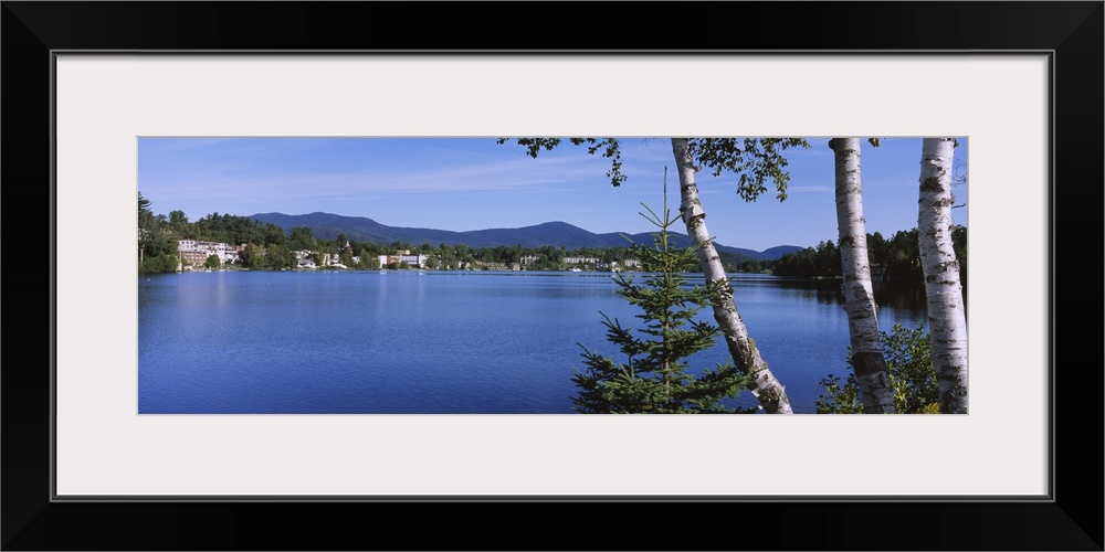 Village at the waterfront with mountains in the background, Lake Placid, Mirror Lake, Adirondack Mountains, New York State