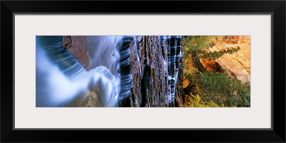 Vertical panorama of a grove of trees and a stream flowing down rocky steps at the base of a canyon.