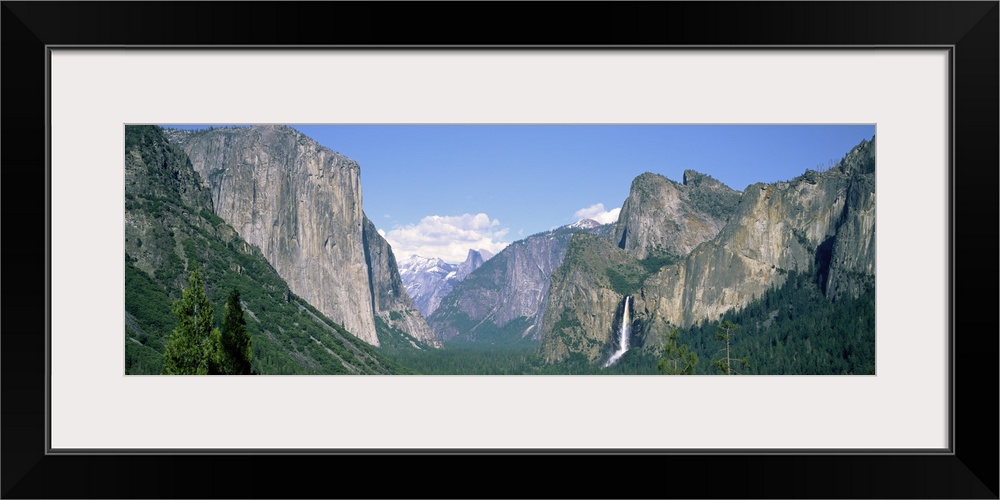 Panoramic photograph on a big canvas of tree tops beneath a mountain landscape against a light blue sky in Yosemite Nation...