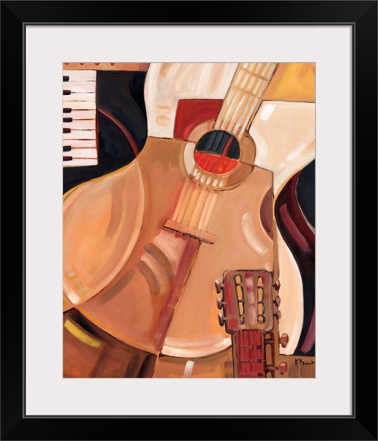 Abstracted painting of a guitar and other musical instrument elements, done in neutral tones.