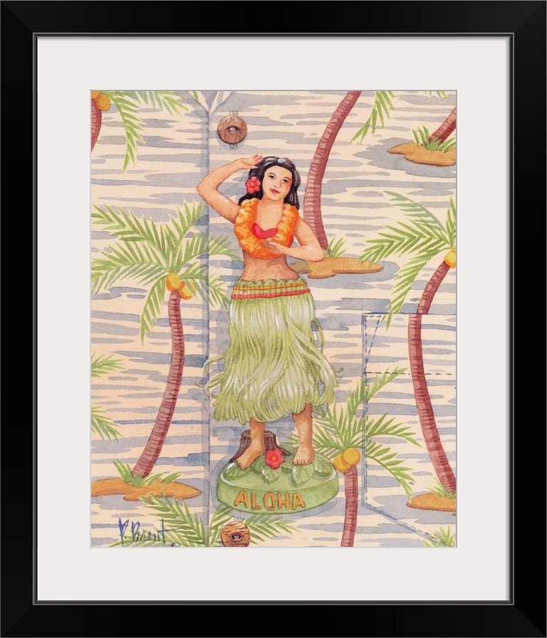 Painting from a series of hula girl figurines on a Hawaiian shirt background.